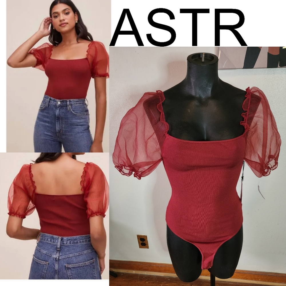 ASTR Wine-Red Puff-Sleeve Square Neck Bodysuit